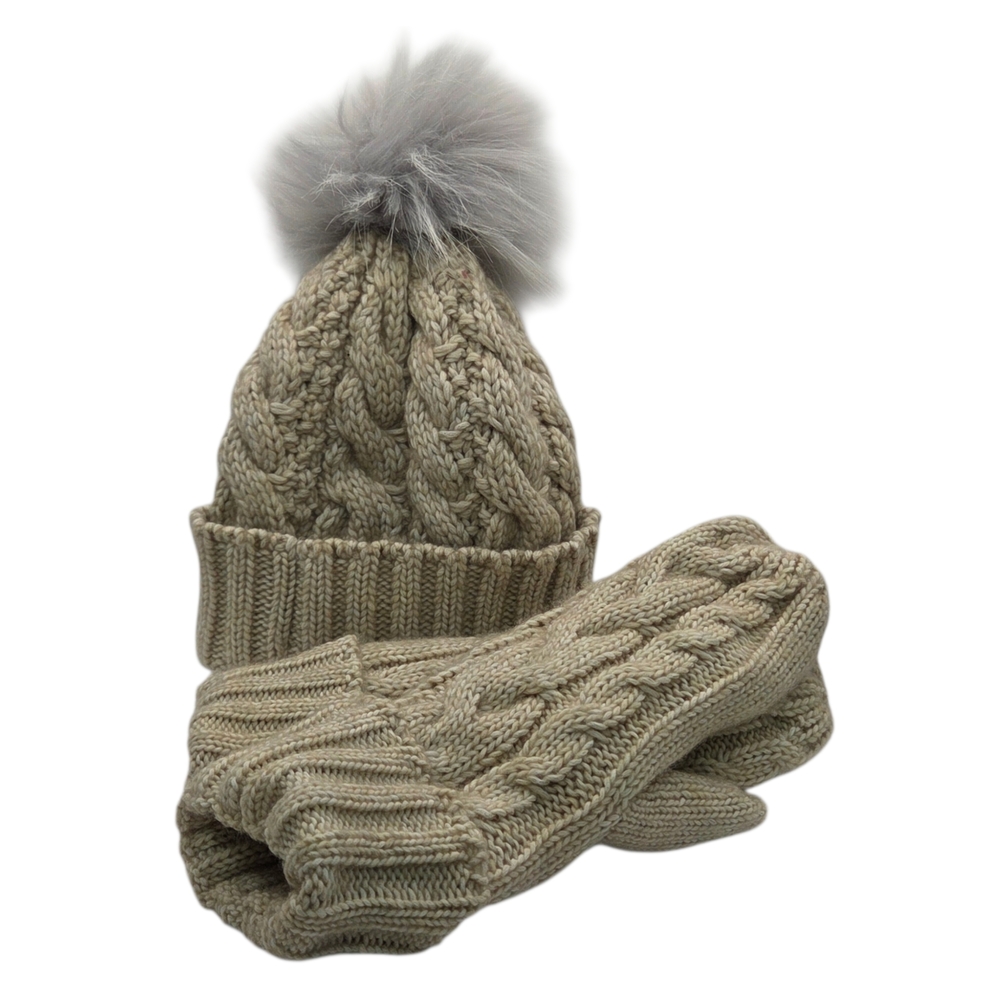 J. Jill Tan Cable Knit Hat and Mittens Set